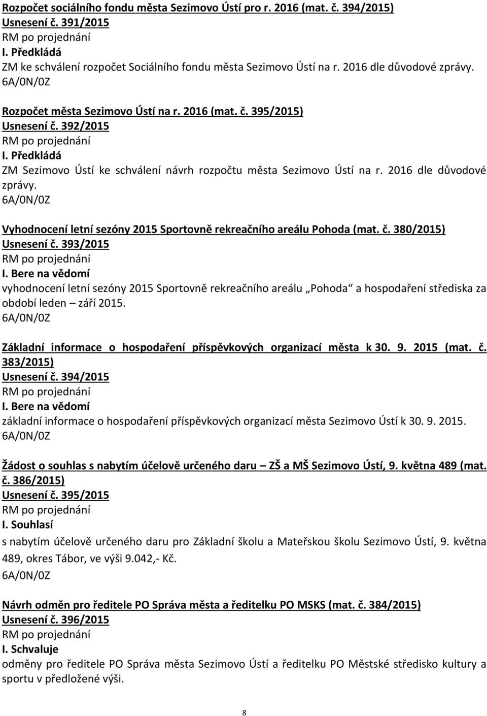 Vyhodnocení letní sezóny 2015 Sportovně rekreačního areálu Pohoda (mat. č. 380/2015) Usnesení č.