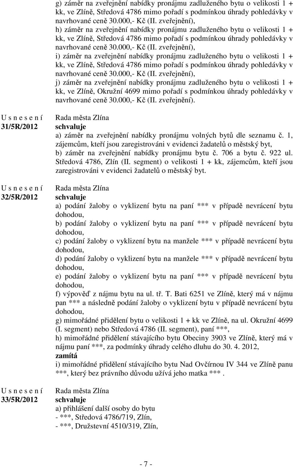 zveřejnění), i) záměr na zveřejnění nabídky pronájmu zadluženého bytu o velikosti 1 + kk, ve Zlíně, Středová 4786 mimo pořadí s podmínkou úhrady pohledávky v navrhované ceně 30.000,- Kč (II.