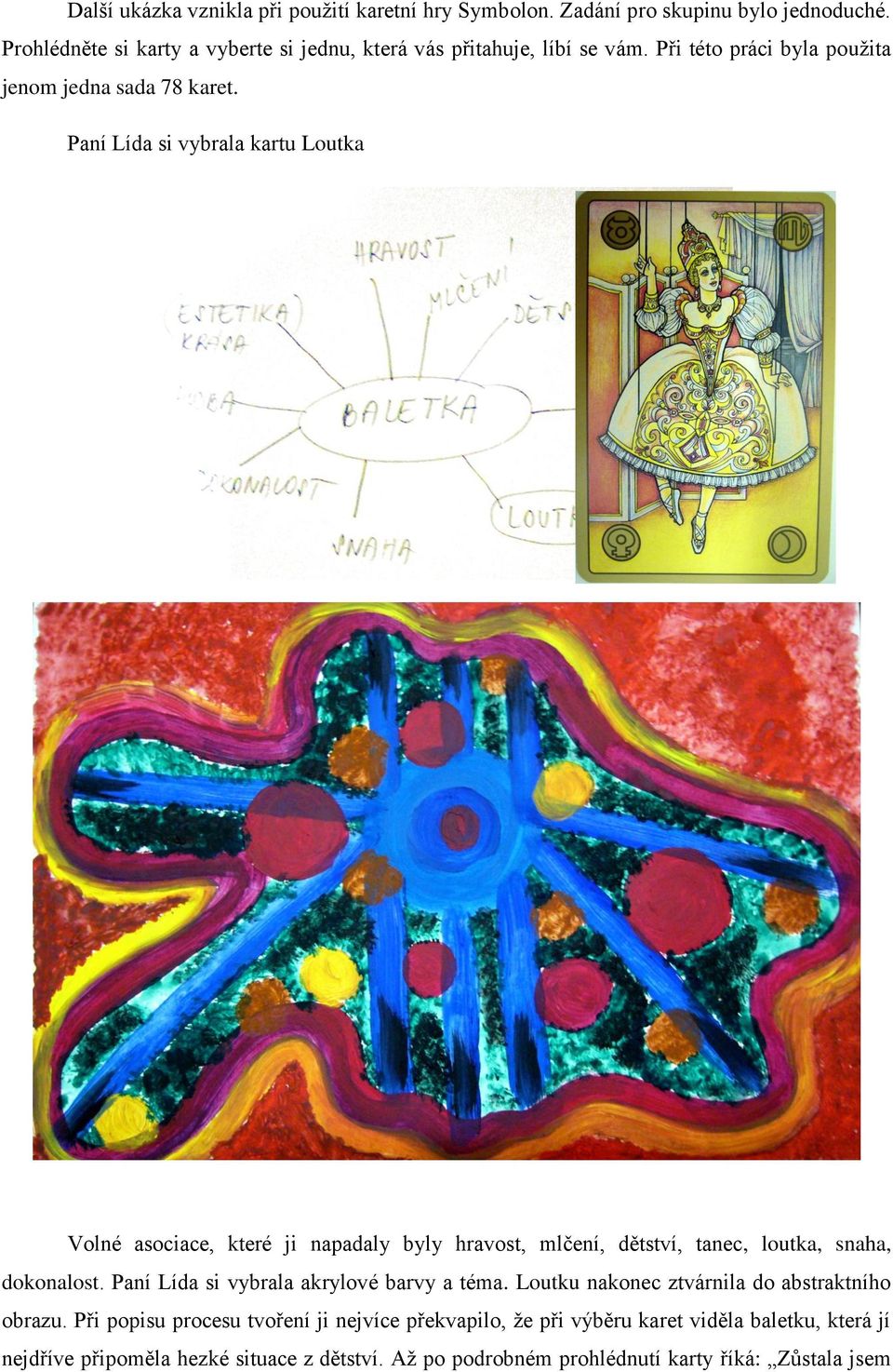 Paní Lída si vybrala kartu Loutka Volné asociace, které ji napadaly byly hravost, mlčení, dětství, tanec, loutka, snaha, dokonalost.