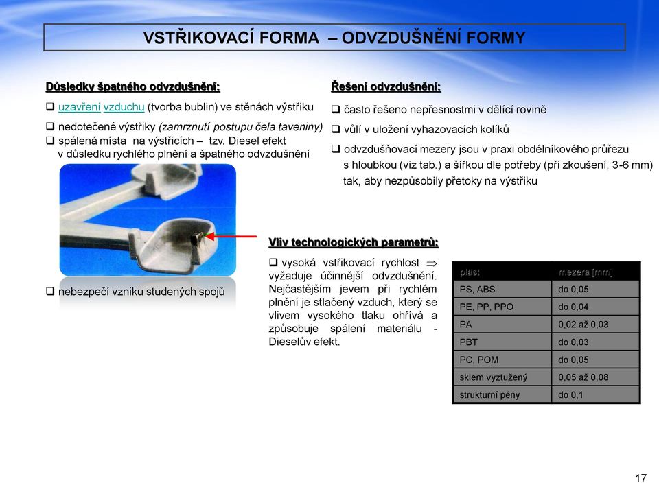 Diesel efekt v důsledku rychlého plnění a špatného odvzdušnění Řešení odvzdušnění: často řešeno nepřesnostmi v dělící rovině vůlí v uložení vyhazovacích kolíků odvzdušňovací mezery jsou v praxi