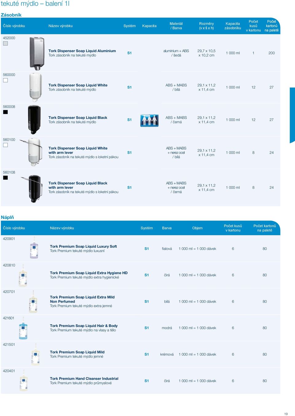 Tork zásobník na tekuté mýdlo S1 / černá 29,1 x 11,2 x 11,4 cm 1 000 ml 12 27 560100 Tork Dispenser Soap Liquid White with arm lever Tork zásobník na tekuté mýdlo s loketní pákou S1 + nerez ocel 29,1