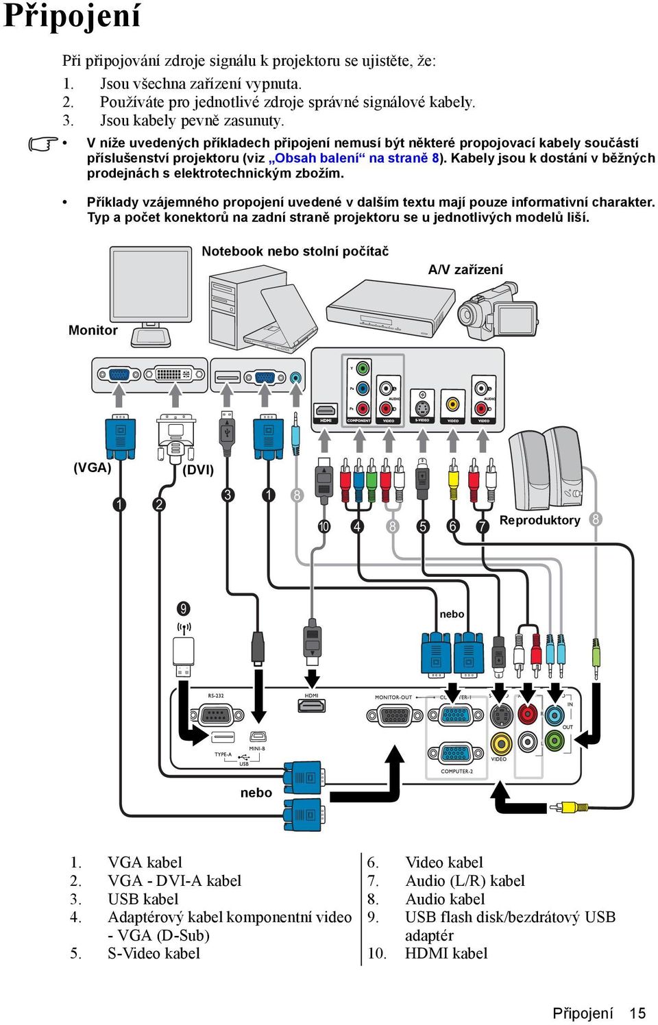 Kabely jsou k dostání v běžných prodejnách s elektrotechnickým zbožím. Příklady vzájemného propojení uvedené v dalším textu mají pouze informativní charakter.