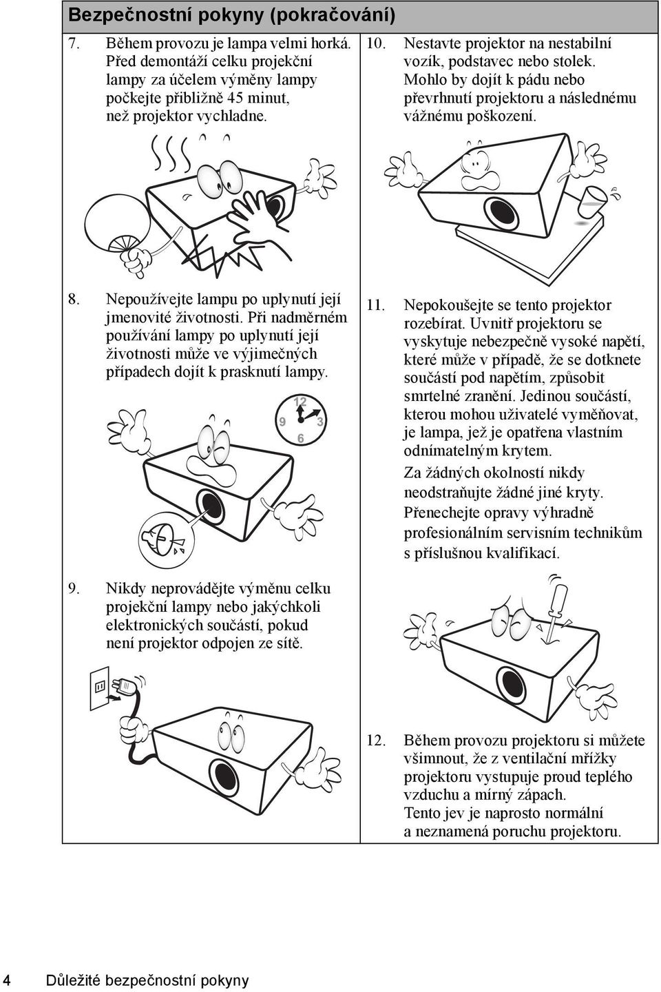 Nepoužívejte lampu po uplynutí její jmenovité životnosti. Při nadměrném používání lampy po uplynutí její životnosti může ve výjimečných případech dojít k prasknutí lampy. 11.