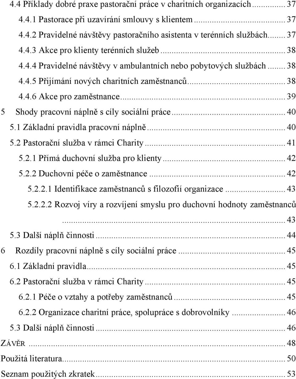 .. 39 5 Shody pracovní náplně s cíly sociální práce... 40 5.1 Základní pravidla pracovní náplně... 40 5.2 Pastorační sluţba v rámci Charity... 41 5.2.1 Přímá duchovní sluţba pro klienty... 42 5.2.2 Duchovní péče o zaměstnance.