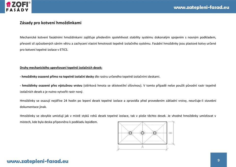 Druhy mechanického upevňovaní tepelně izolačních desek: - hmoždinky osazené přímo na tepelně izolační desky dle rastru určeného tepelně izolačními deskami.