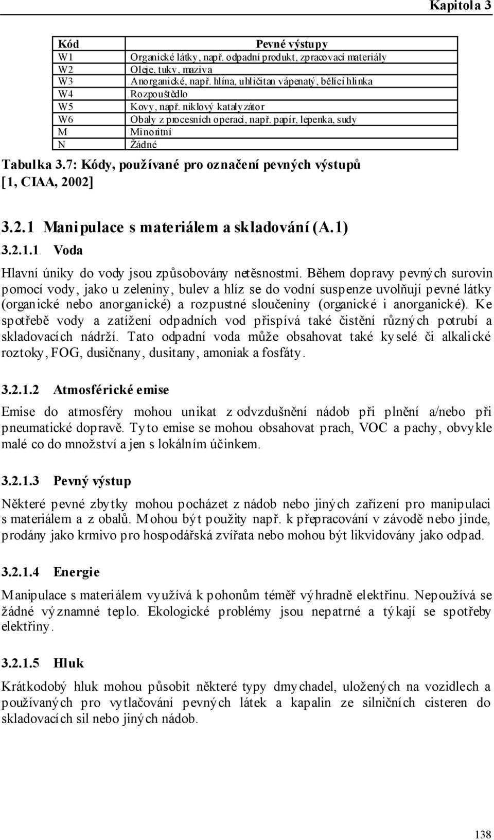 7: Kódy, používané pro označení pevných výstupů [1, CIAA, 2002] 3.2.1 Manipulace s materiálem a skladování (A.1) 3.2.1.1 Voda Hlavní úniky do vody jsou způsobovány netěsnostmi.