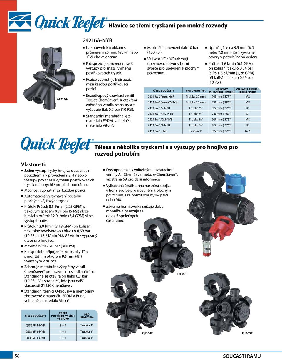 K otevření zpětného ventilu se na trysce vyžaduje tlak 0,7 bar (10 PSI). n Standardní membrána je z materiálu EPDM, volitelně z materiálu Viton. n Maximální provozní tlak 10 bar (150 PSI).