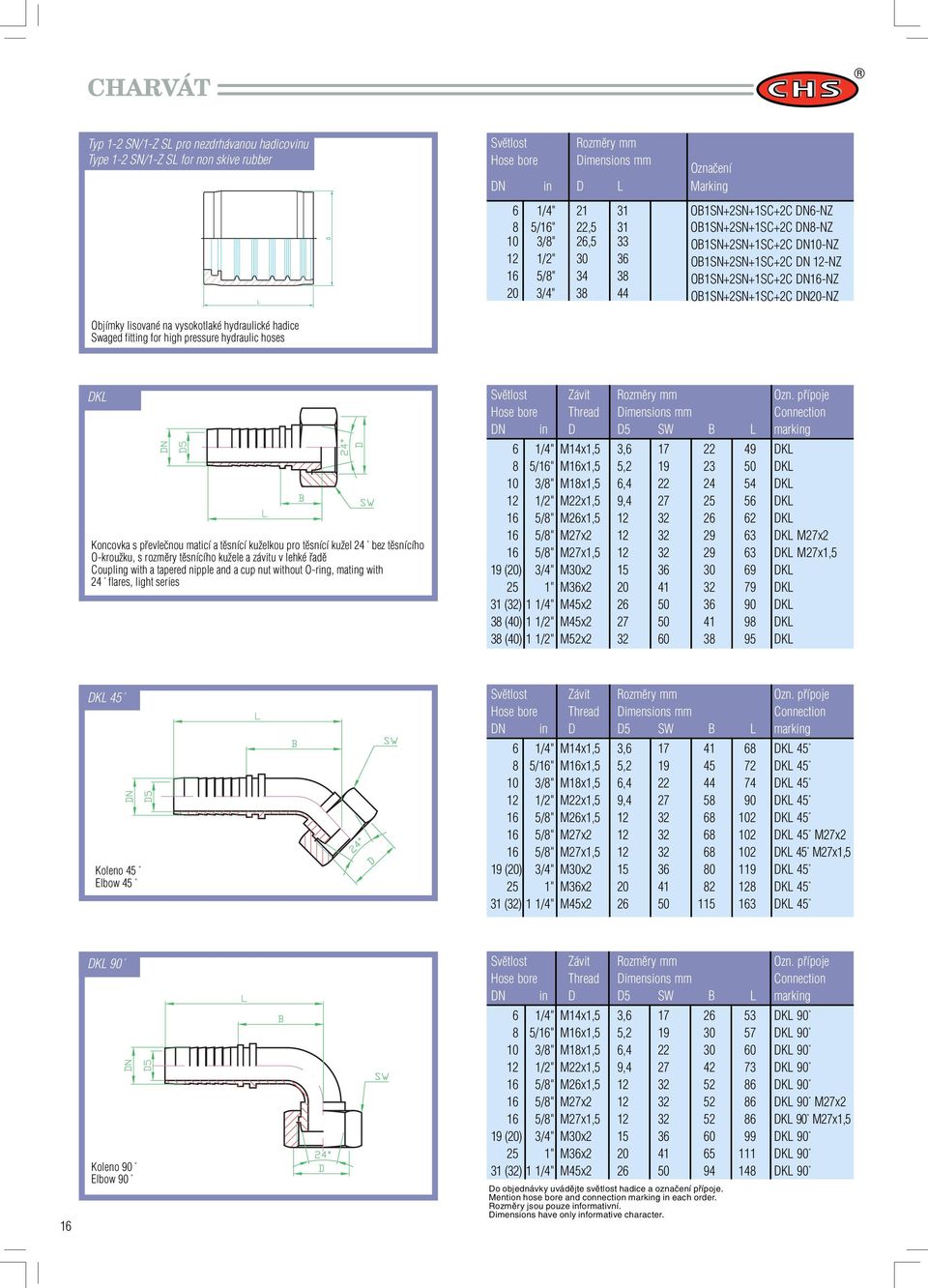 Objímky lisované na vysokotlaké hydraulické hadice Swaged fitting for high pressure hydraulic hoses DKL Koncovka s převlečnou maticí a těsnící kuželkou pro těsnící kužel 24 bez těsnícího O-kroužku, s