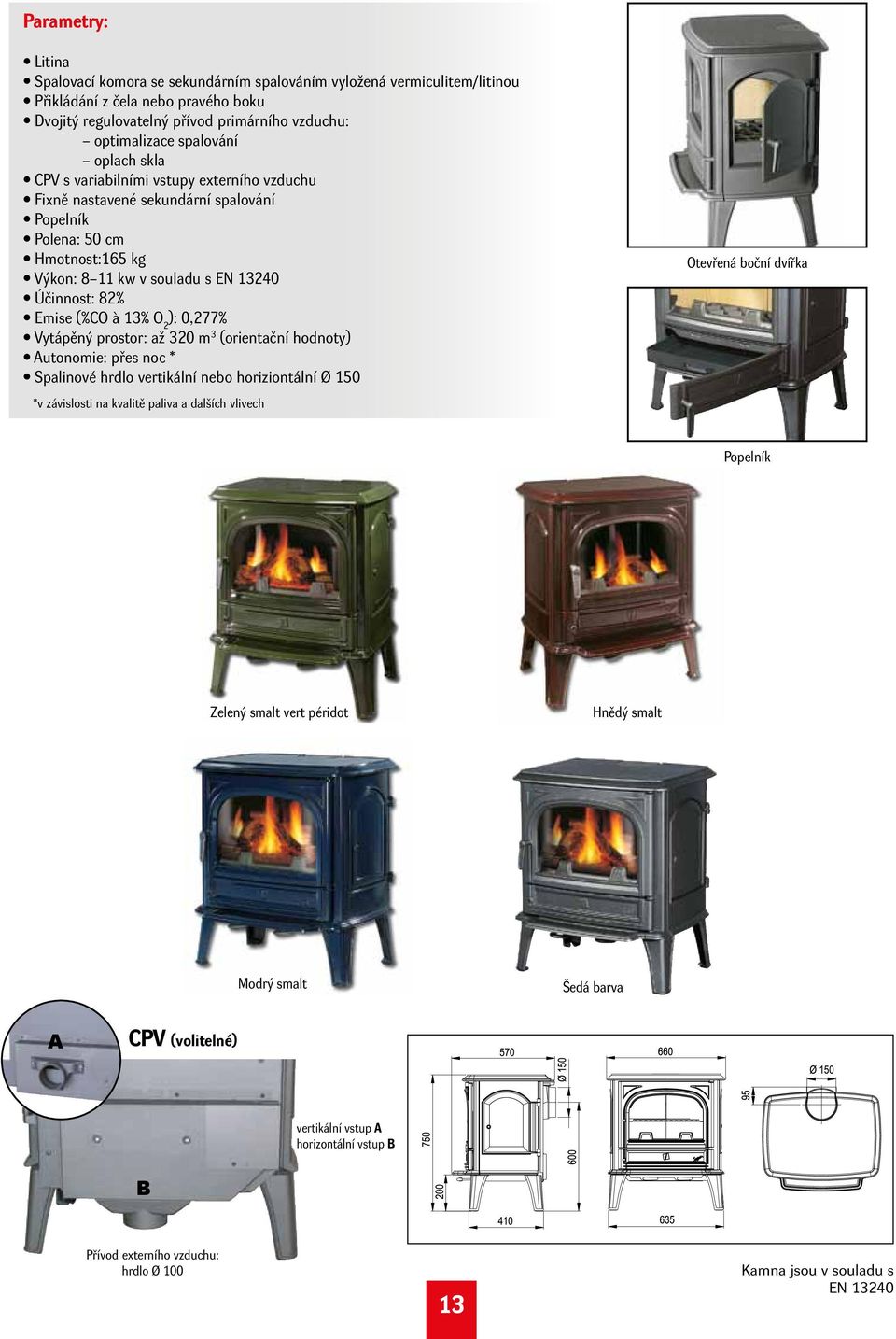 O 2 ): 0,277% Vytápěný prostor: až 320 m 3 (orientační hodnoty) Autonomie: přes noc * Spalinové hrdlo vertikální nebo horiziontální Ø 150 *v závislosti na kvalitě paliva a dalších vlivech Otevřená