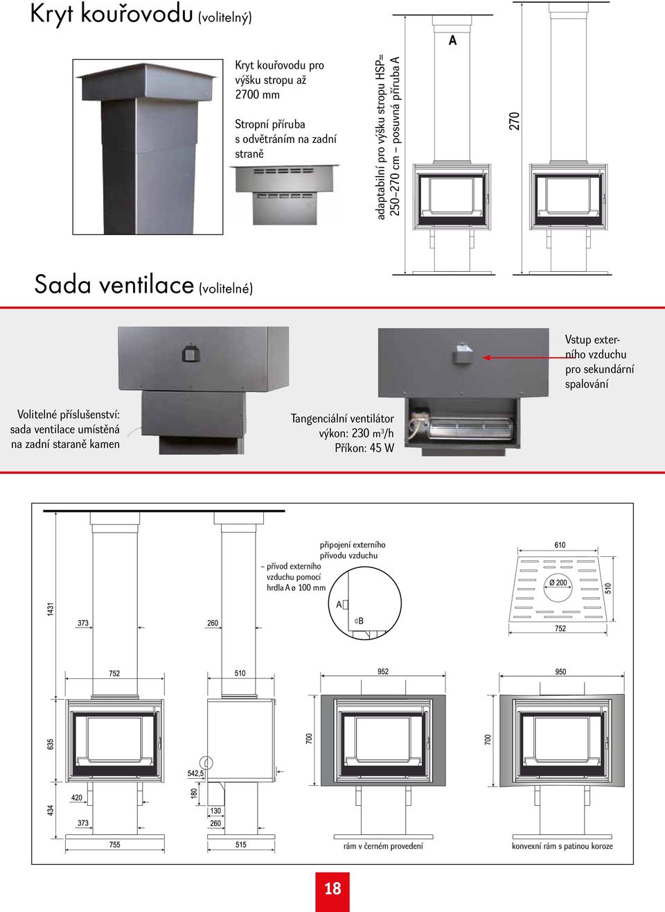 Volitelné příslušenství: sada ventilace umístěná na zadní staraně kamen Tangenciální ventilátor výkon: 230 m 3 /h Příkon: 45 W