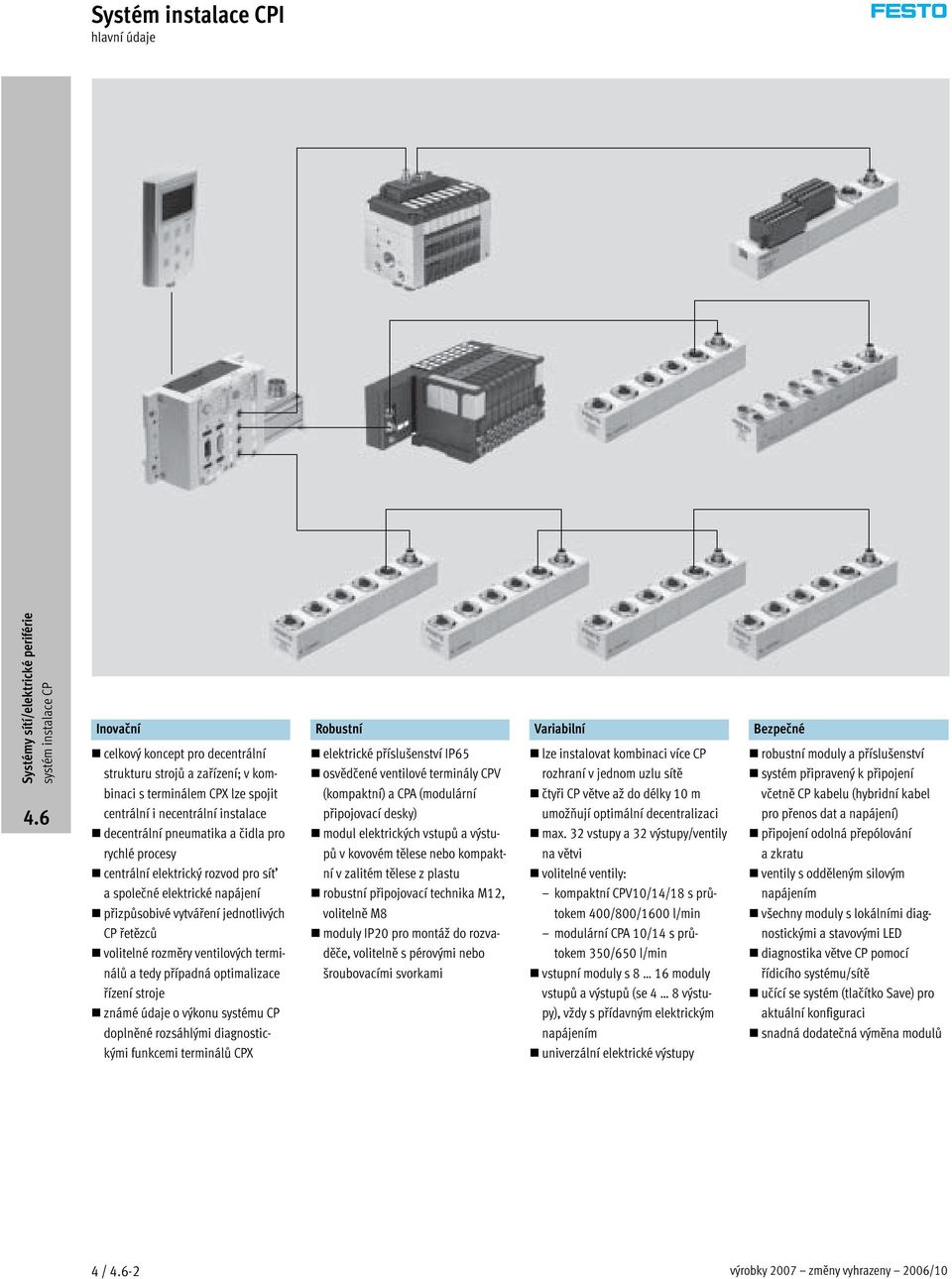 terminálůatedypřípadnáoptimalizace řízení stroje známé údaje o výkonu systému CP doplněné rozsáhlými diagnostickými funkcemi terminálů CPX elektrické příslušenství IP65 osvědčené ventilové terminály