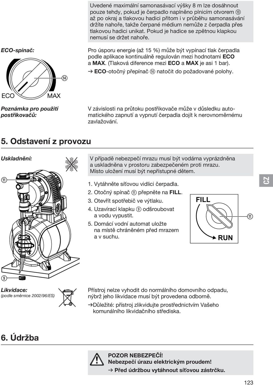 Pro úsporu energie (až 15 %) může být vypínací tlak čerpadla podle aplikace kontinuálně regulován mezi hodnotami ECO a MAX. (Tlaková diference mezi ECO a MAX je asi 1 bar).