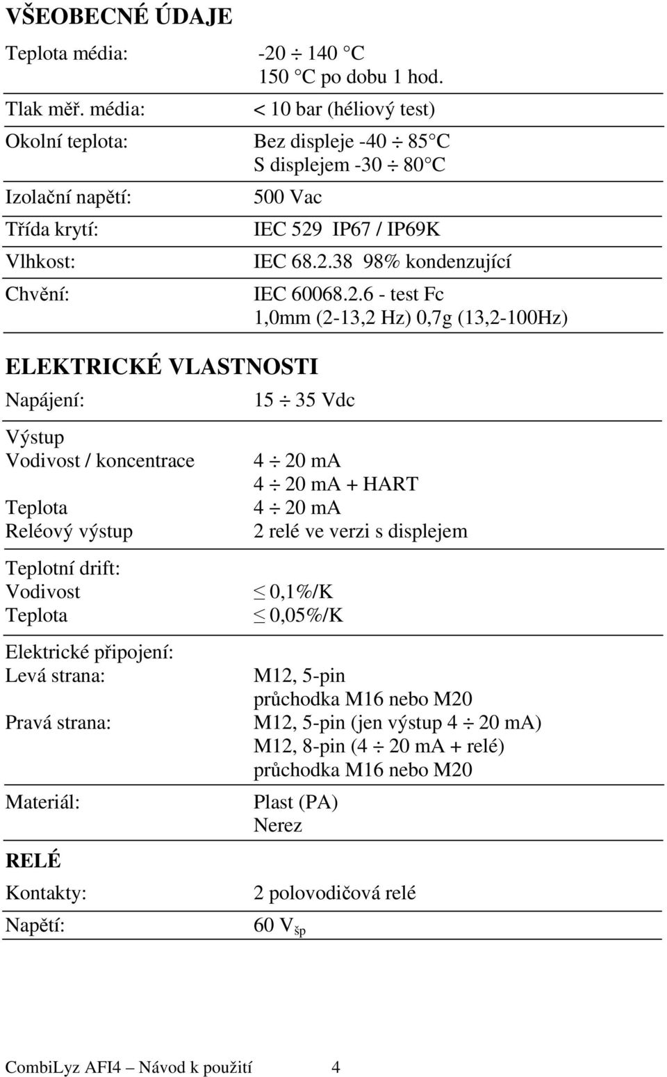 koncentrace Teplota Reléový výstup Teplotní drift: Vodivost Teplota Elektrické připojení: Levá strana: Pravá strana: Materiál: RELÉ Kontakty: Napětí: IEC 529 IP67 / IP69K IEC 68.2.38 98% kondenzující IEC 60068.