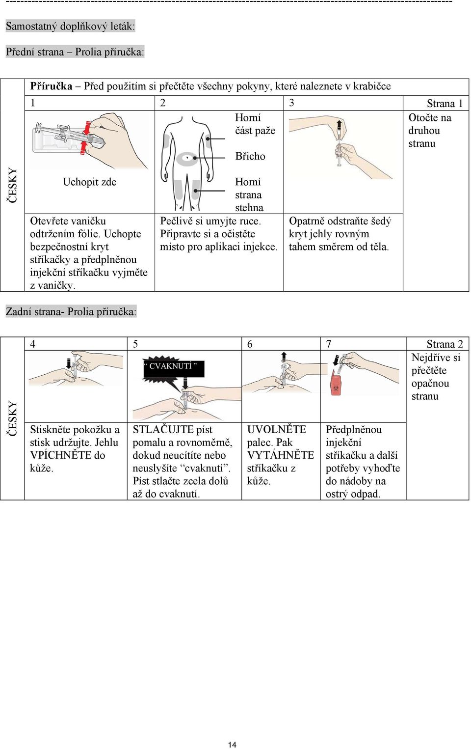 Uchopte bezpečnostní kryt stříkačky a předplněnou injekční stříkačku vyjměte z vaničky. Horní strana stehna Pečlivě si umyjte ruce. Připravte si a očistěte místo pro aplikaci injekce.