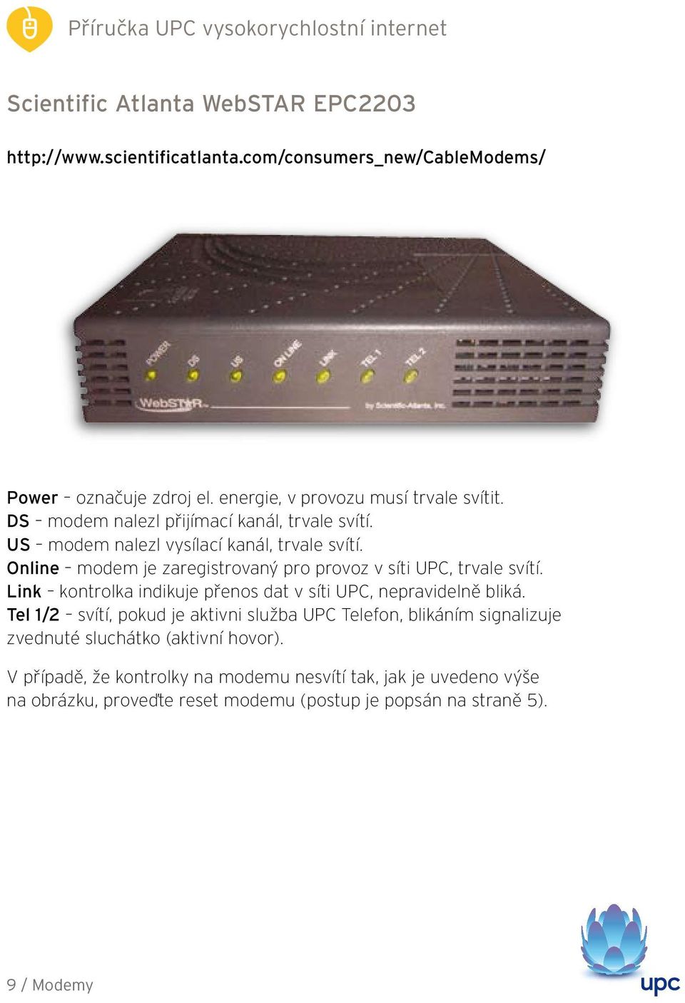 Link kontrolka indikuje přenos dat v síti UPC, nepravidelně bliká.