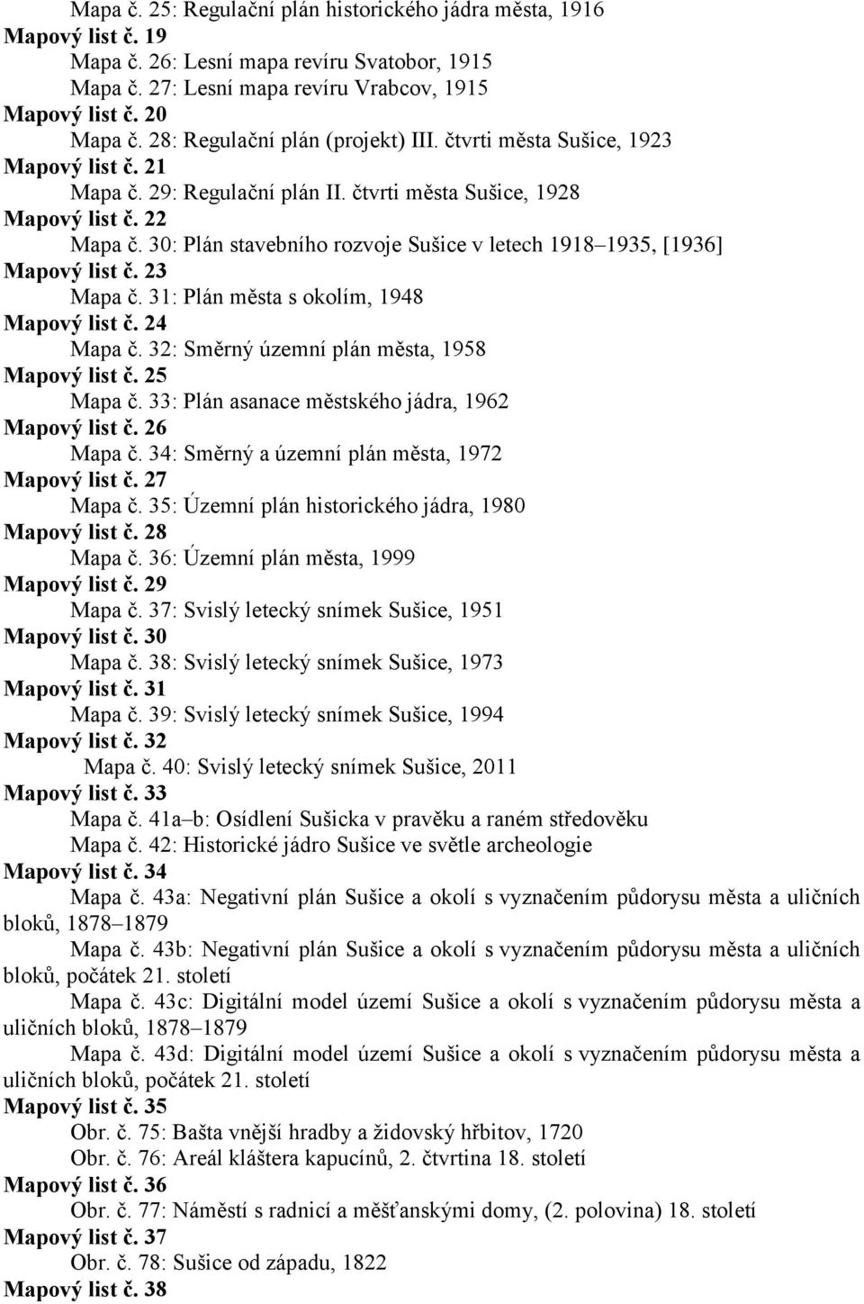 30: Plán stavebního rozvoje Sušice v letech 1918 1935, [1936] Mapový list č. 23 Mapa č. 31: Plán města s okolím, 1948 Mapový list č. 24 Mapa č. 32: Směrný územní plán města, 1958 Mapový list č.