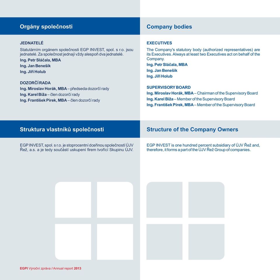 František Pírek, MBA člen dozorčí rady EXECUTIVES The Company's statutory body (authorized representatives) are its Executives. Always at least two Executives act on behalf of the Company. Ing.