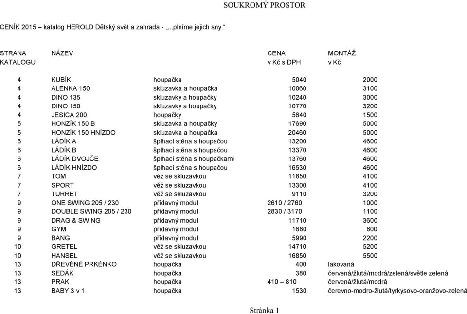 10770 3200 4 JESICA 200 houpačky 5640 1500 5 HONZÍK 150 B skluzavka a houpačky 17690 5000 5 HONZÍK 150 HNÍZDO skluzavka a houpačka 20460 5000 6 LÁDÍK A šplhací stěna s houpačou 13200 4600 6 LÁDÍK B