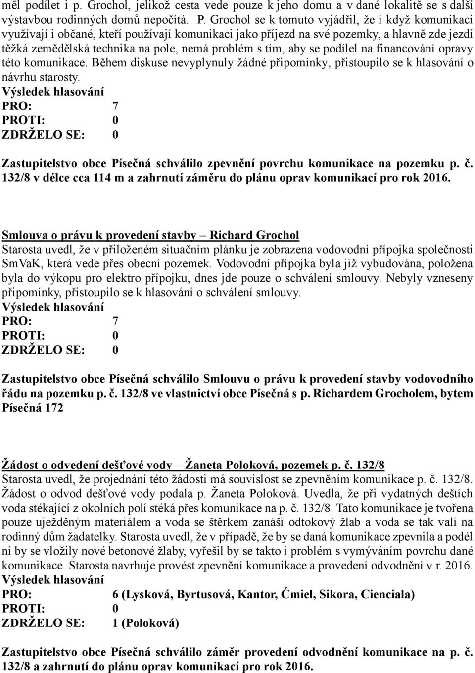 tím, aby se podílel na financování opravy této komunikace. Během diskuse nevyplynuly žádné připomínky, přistoupilo se k hlasování o návrhu starosty.