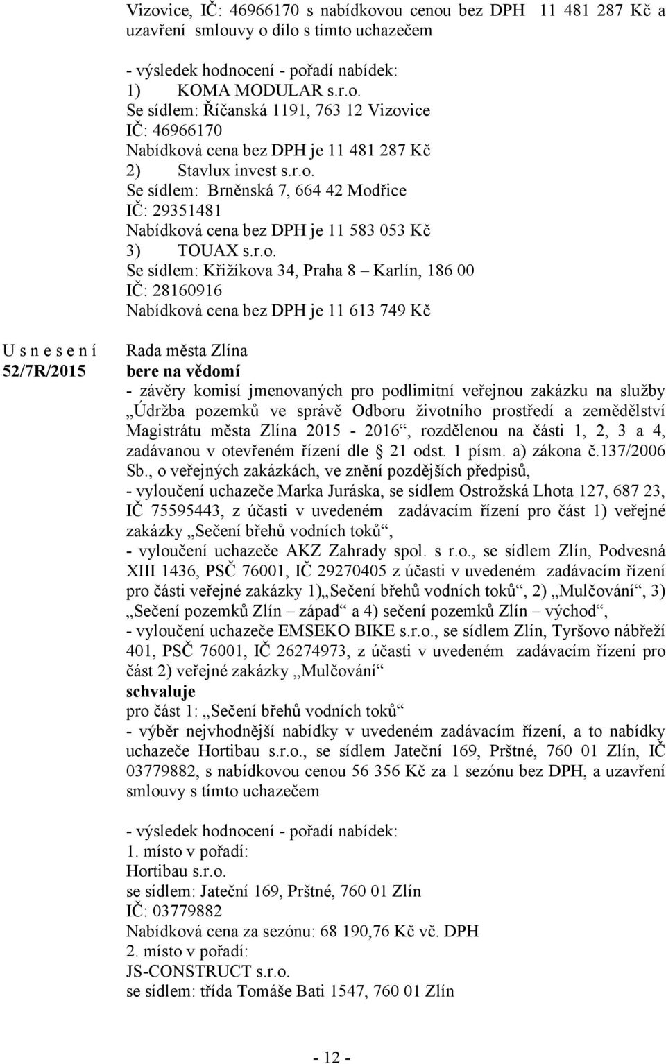 11 613 749 Kč 52/7R/2015 bere na vědomí - závěry komisí jmenovaných pro podlimitní veřejnou zakázku na služby Údržba pozemků ve správě Odboru životního prostředí a zemědělství Magistrátu města Zlína