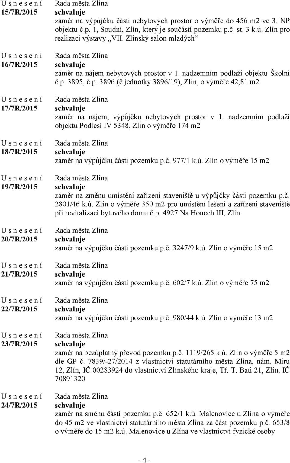 jednotky 3896/19), Zlín, o výměře 42,81 m2 záměr na nájem, výpůjčku nebytových prostor v 1. nadzemním podlaží objektu Podlesí IV 5348, Zlín o výměře 174 m2 záměr na výpůjčku části pozemku p.č. 977/1 k.