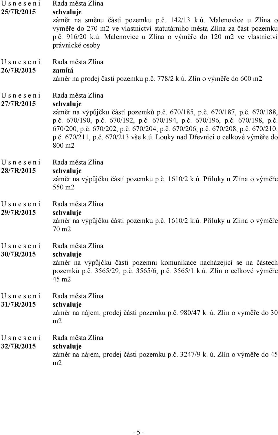 Malenovice u Zlína o výměře do 120 m2 ve vlastnictví právnické osoby zamítá záměr na prodej části pozemku p.č. 778/2 k.ú. Zlín o výměře do 600 m2 záměr na výpůjčku částí pozemků p.č. 670/185, p.č. 670/187, p.