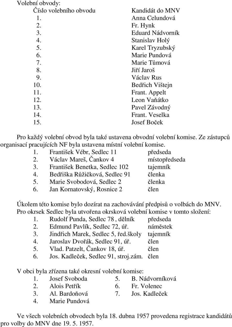 Ze zástupců organisací pracujících NF byla ustavena místní volební komise. 1. František Vébr, Sedlec 11 předseda 2. Václav Mareš, Čankov 4 místopředseda 3. František Benetka, Sedlec 102 tajemník 4.