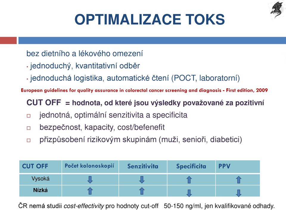 za pozitivní jednotná, optimální senzitivita a specificita bezpečnost, kapacity, cost/befenefit přizpůsobení rizikovým skupinám (muži, senioři, diabetici)