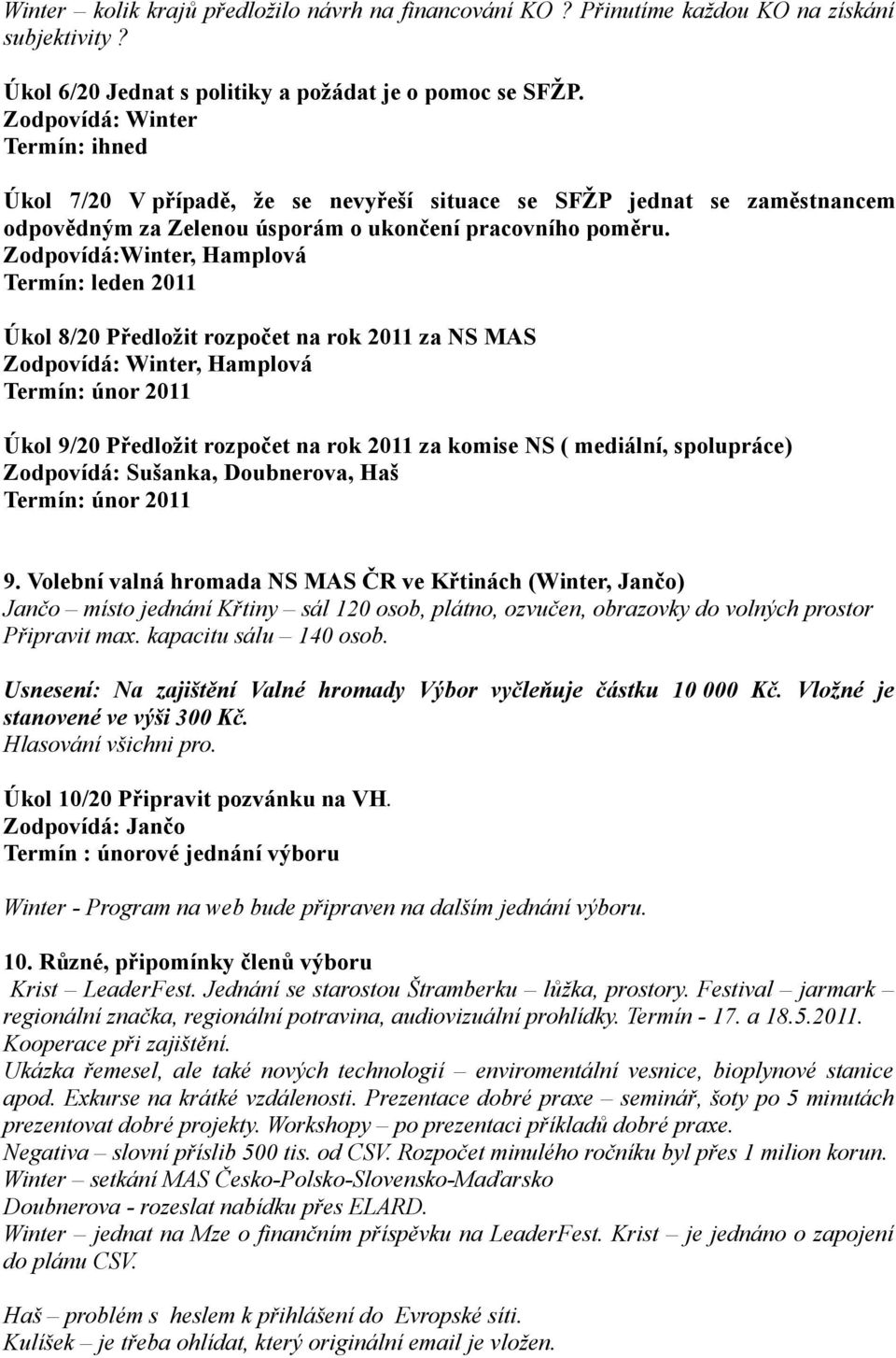 Zodpovídá:Winter, Hamplová Termín: leden 2011 Úkol 8/20 Předložit rozpočet na rok 2011 za NS MAS Zodpovídá: Winter, Hamplová Termín: únor 2011 Úkol 9/20 Předložit rozpočet na rok 2011 za komise NS (