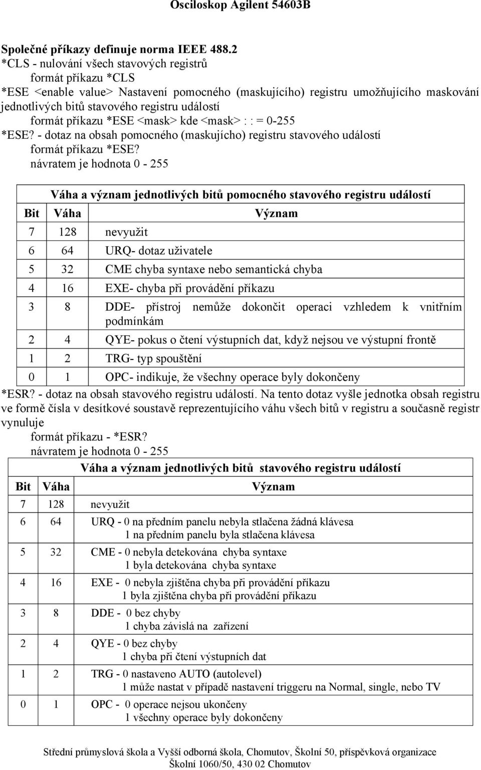 formát příkazu *ESE <mask> kde <mask> : : = 0-255 *ESE? - dotaz na obsah pomocného (maskujícho) registru stavového událostí formát příkazu *ESE?