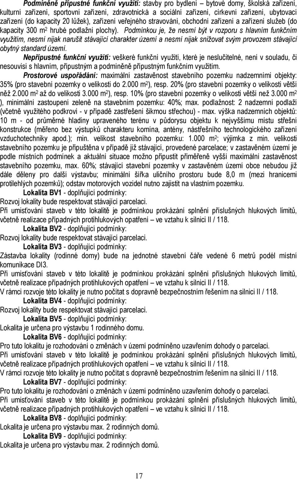 Podmínkou je, že nesmí být v rozporu s hlavním funkčním využitím, nesmí nijak narušit stávající charakter území a nesmí nijak snižovat svým provozem stávající obytný standard území.