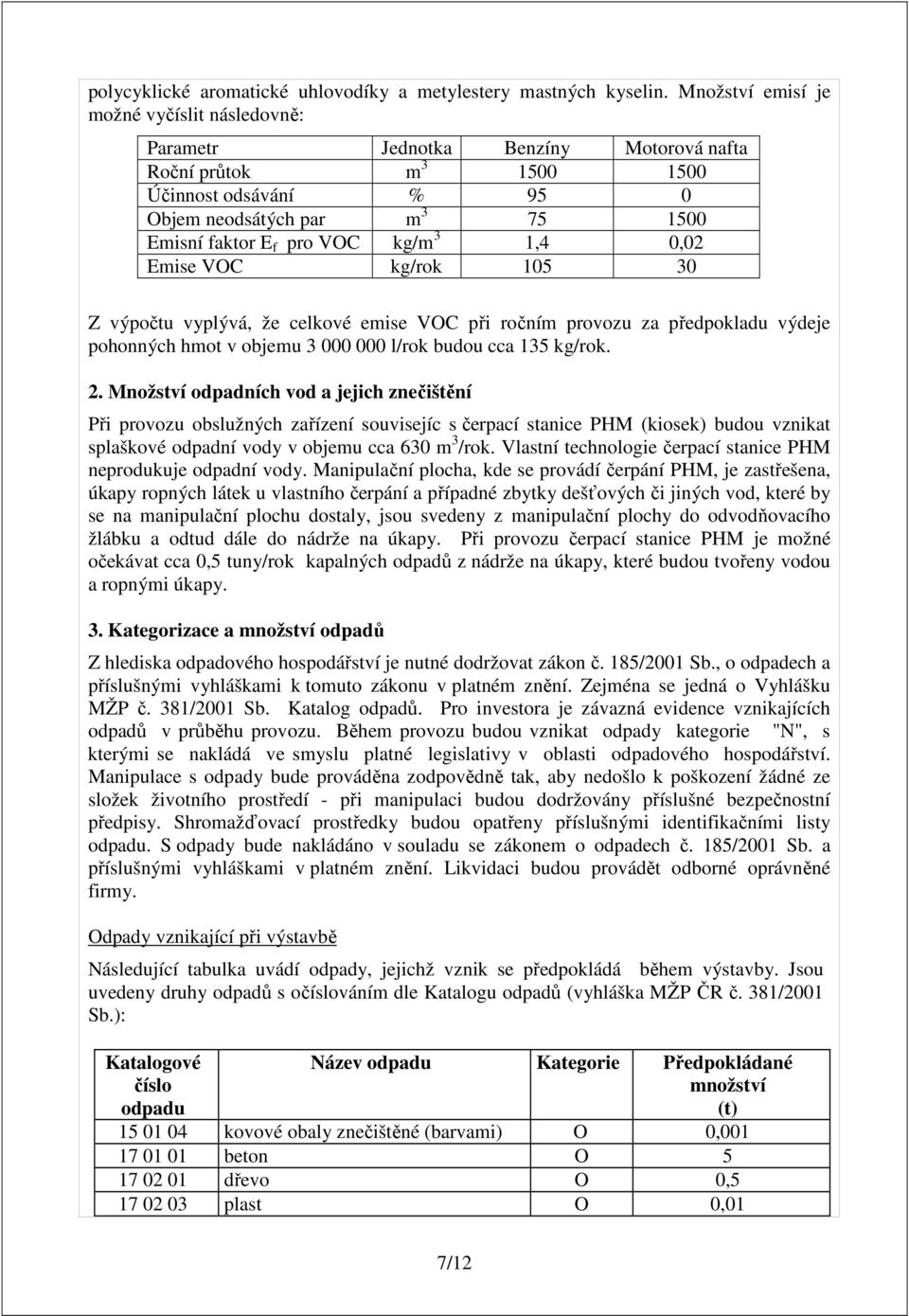 kg/m 3 1,4 0,02 Emise VOC kg/rok 105 30 Z výpočtu vyplývá, že celkové emise VOC při ročním provozu za předpokladu výdeje pohonných hmot v objemu 3 000 000 l/rok budou cca 135 kg/rok. 2.