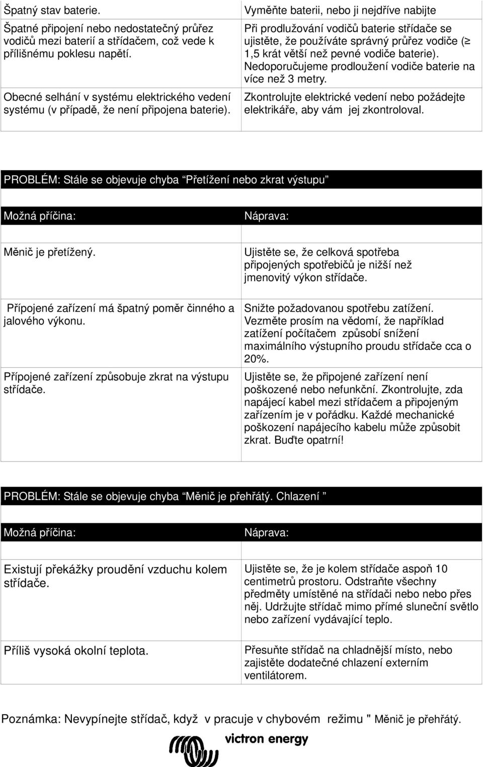 Vyměňte baterii, nebo ji nejdříve nabijte Při prodlužování vodičů baterie střídače se ujistěte, že používáte správný průřez vodiče ( 1,5 krát větší než pevné vodiče baterie).