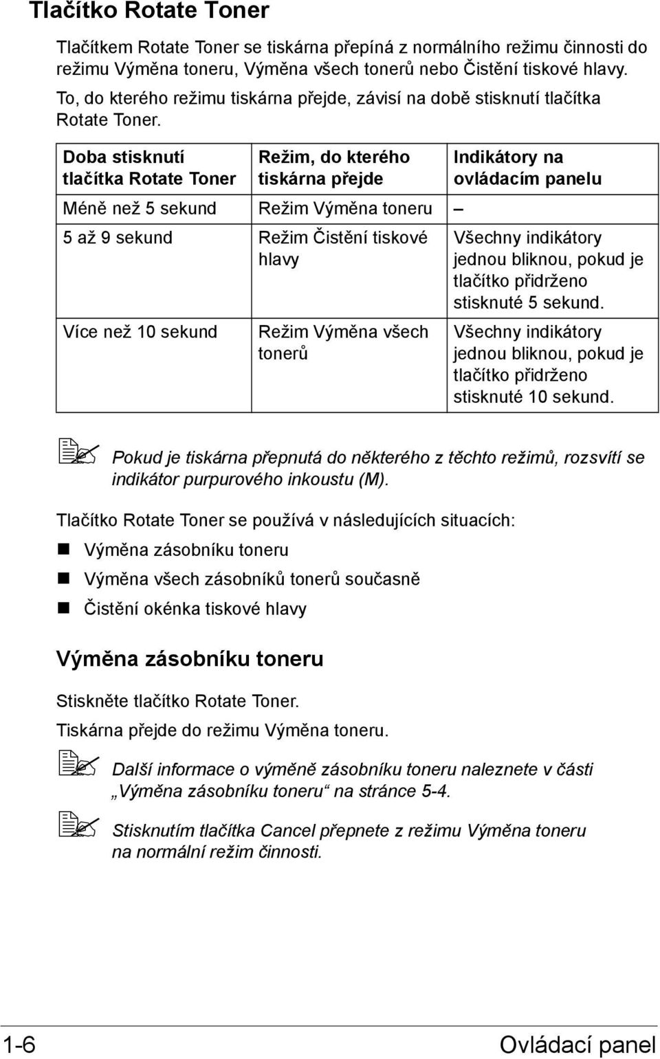 Doba stisknutí tlačítka Rotate Toner Režim, do kterého tiskárna přejde Méně než 5 sekund Režim Výměna toneru 5 až 9 sekund Režim Čistění tiskové hlavy Více než 10 sekund Režim Výměna všech tonerů