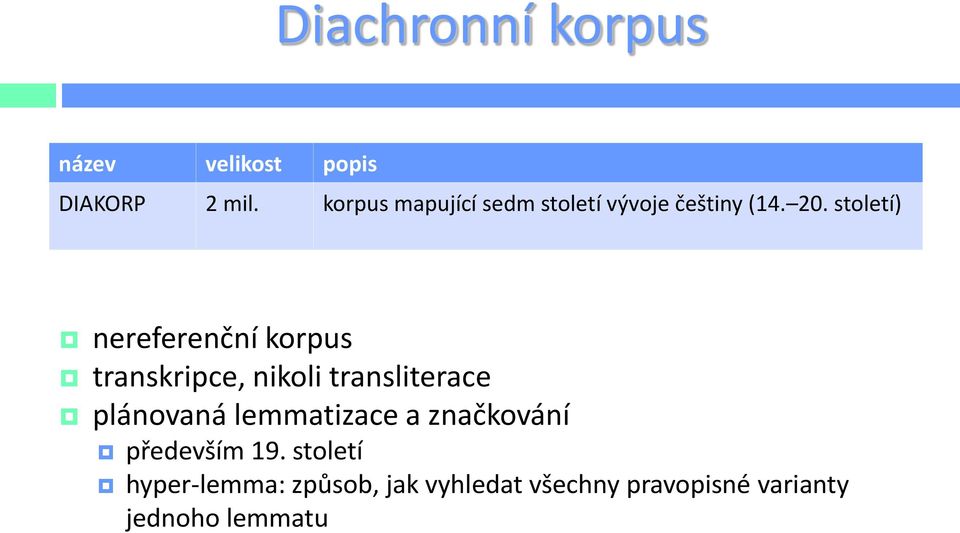 století) nereferenční korpus transkripce, nikoli transliterace plánovaná