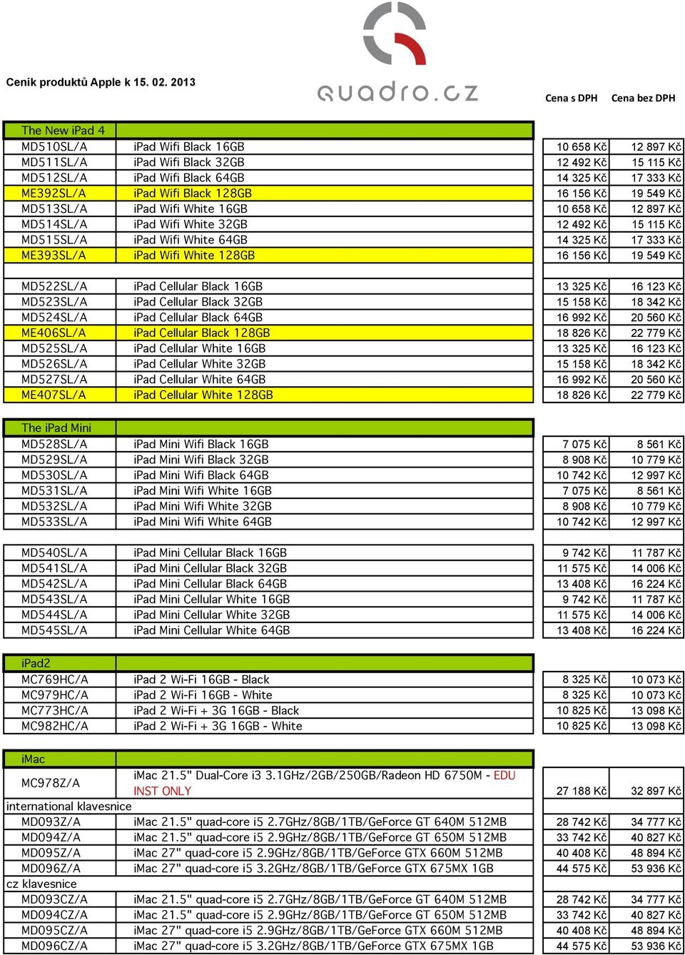 ME392SL/A ipad Wifi Black 128GB 16 156 Kč 19 549 Kč MD513SL/A ipad Wifi White 16GB 10 658 Kč 12 897 Kč MD514SL/A ipad Wifi White 32GB 12 492 Kč 15 115 Kč MD515SL/A ipad Wifi White 64GB 14 325 Kč 17