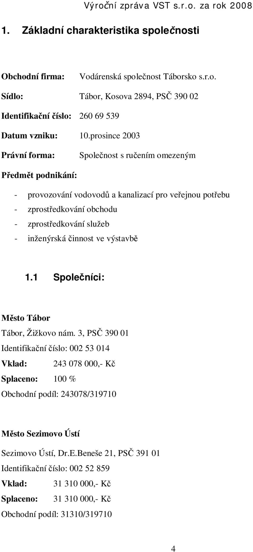 služeb - inženýrská innost ve výstavb 1.1 Spole níci: sto Tábor Tábor, Žižkovo nám.