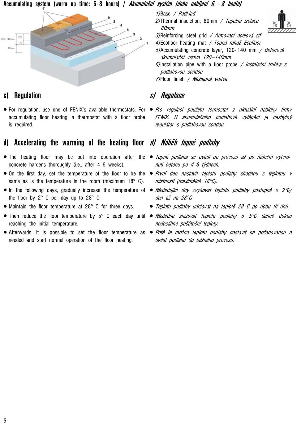 trubka s podlahovou sondou 7) Floor finish / Nášlapná vrstva c) Regulation c) Regulace For regulation, use one of FENIX s available thermostats.