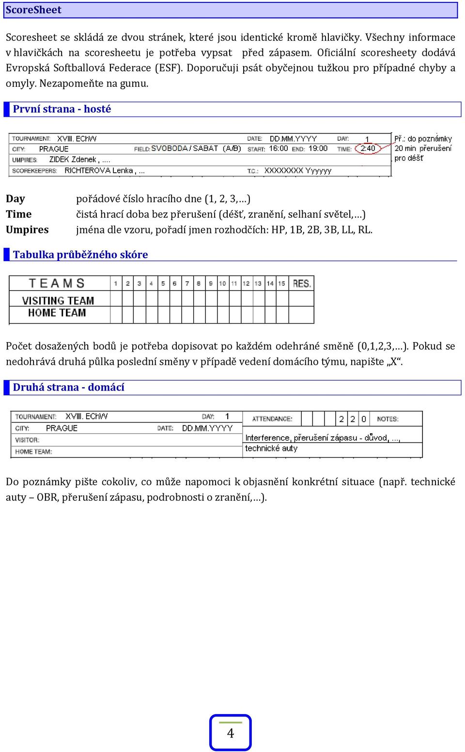 První strana - hosté Day Time Umpires pořádové číslo hracího dne (1, 2, 3, ) čistá hrací doba bez přerušení (déšť, zranění, selhaní světel, ) jména dle vzoru, pořadí jmen rozhodčích: HP, 1B, 2B, 3B,