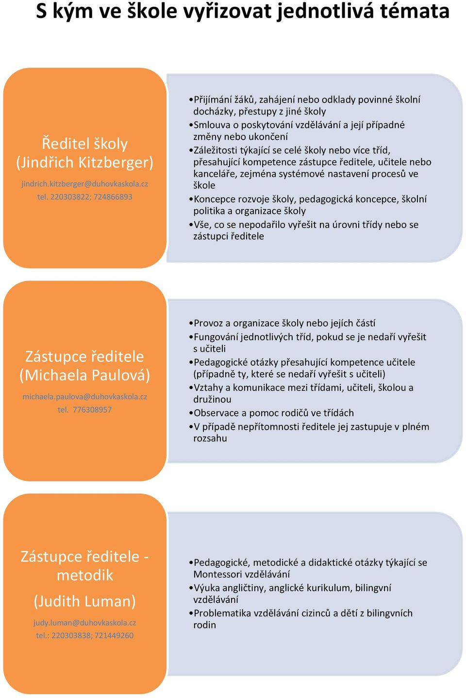 celé školy nebo více tříd, přesahující kompetence zástupce ředitele, učitele nebo kanceláře, zejména systémové nastavení procesů ve škole Koncepce rozvoje školy, pedagogická koncepce, školní politika