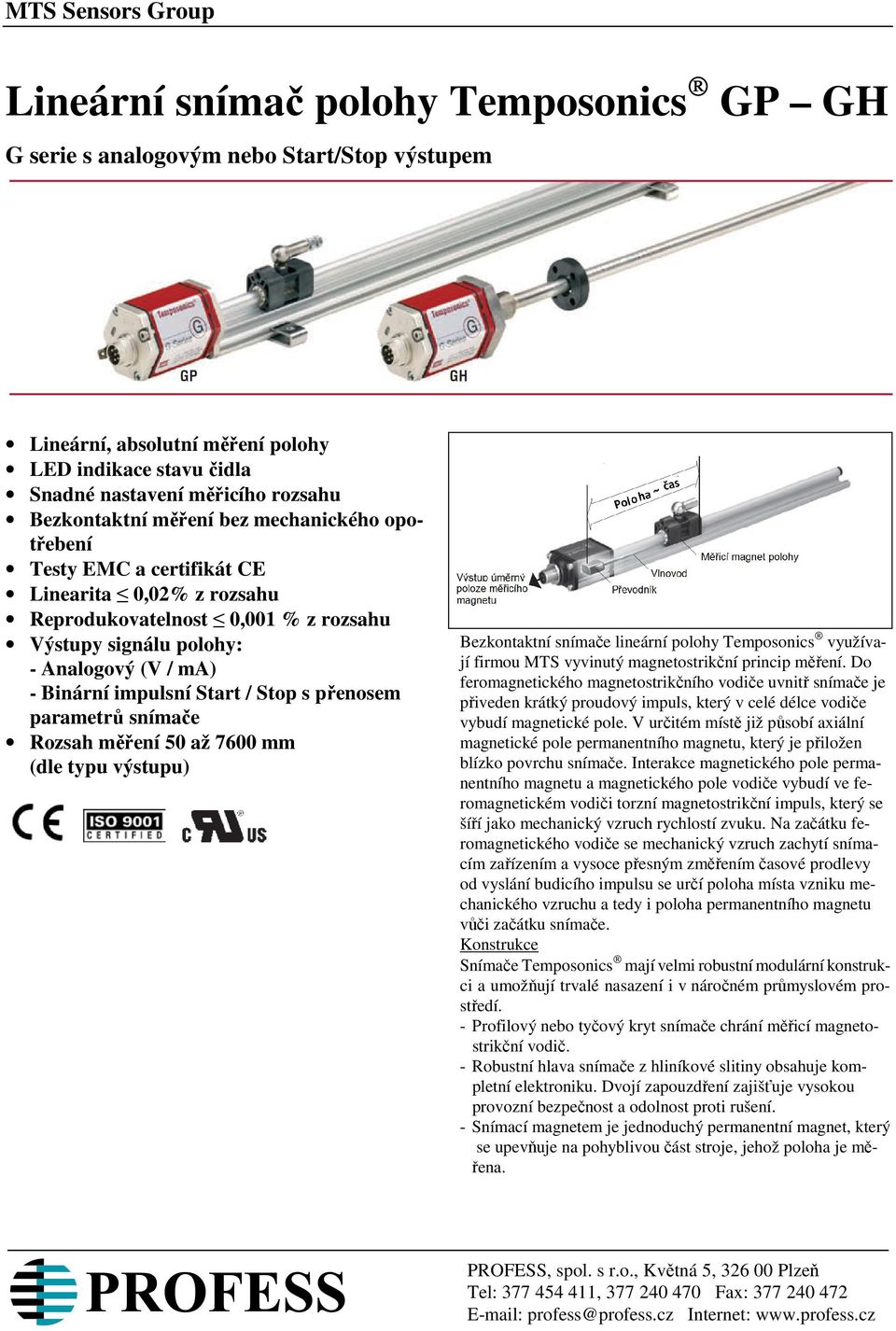 impulsní Start / Stop s přenosem parametrů snímače Rozsah měření 50 až 7600 mm (dle typu výstupu) Magnetostrikční princip Bezkontaktní snímače lineární polohy Temposonics využívají firmou MTS