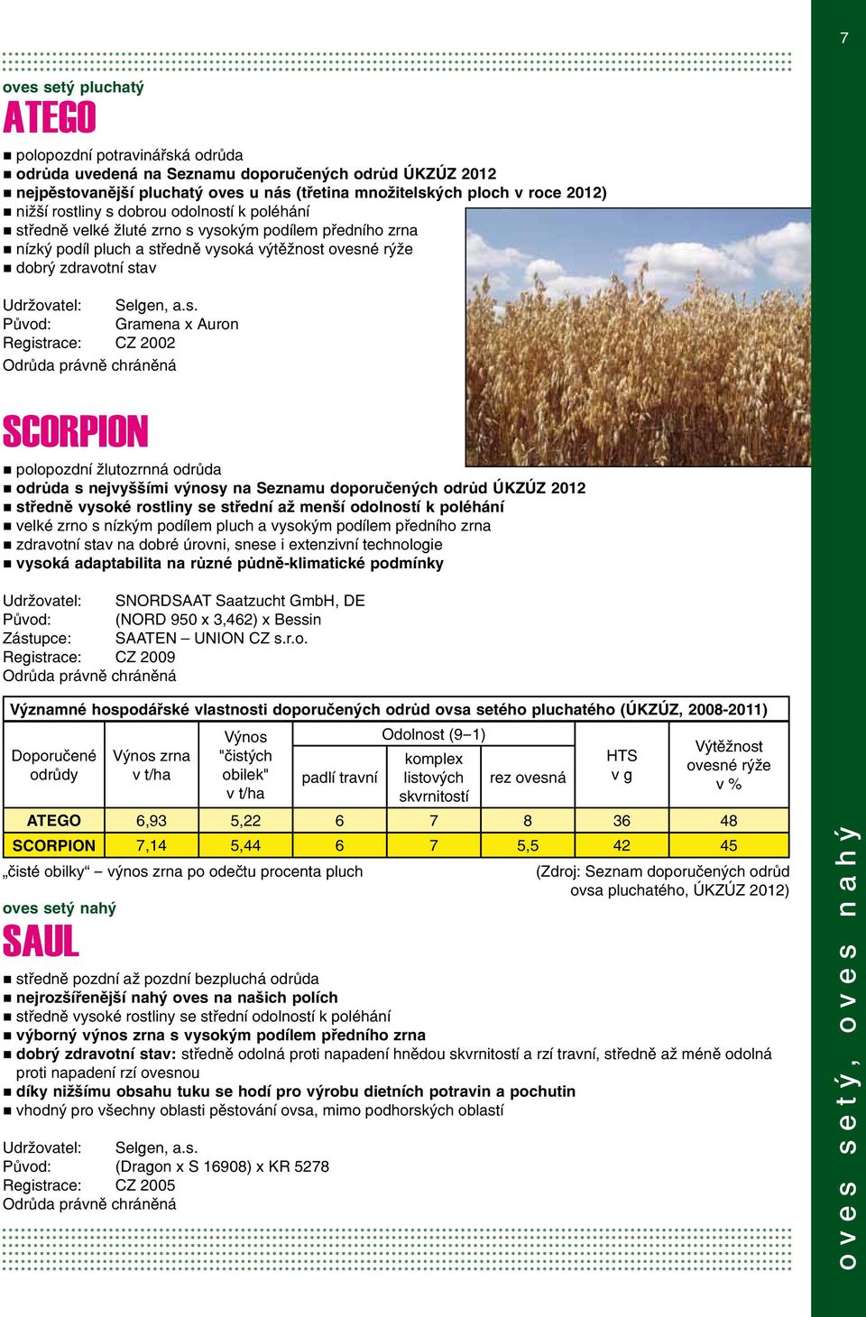 Původ: Gramena x Auron Registrace: CZ 2002 SCORPION polopozdní žlutozrnná odrůda odrůda s nejvyššími výnosy na Seznamu doporučených odrůd ÚKZÚZ 2012 středně vysoké rostliny se střední až menší