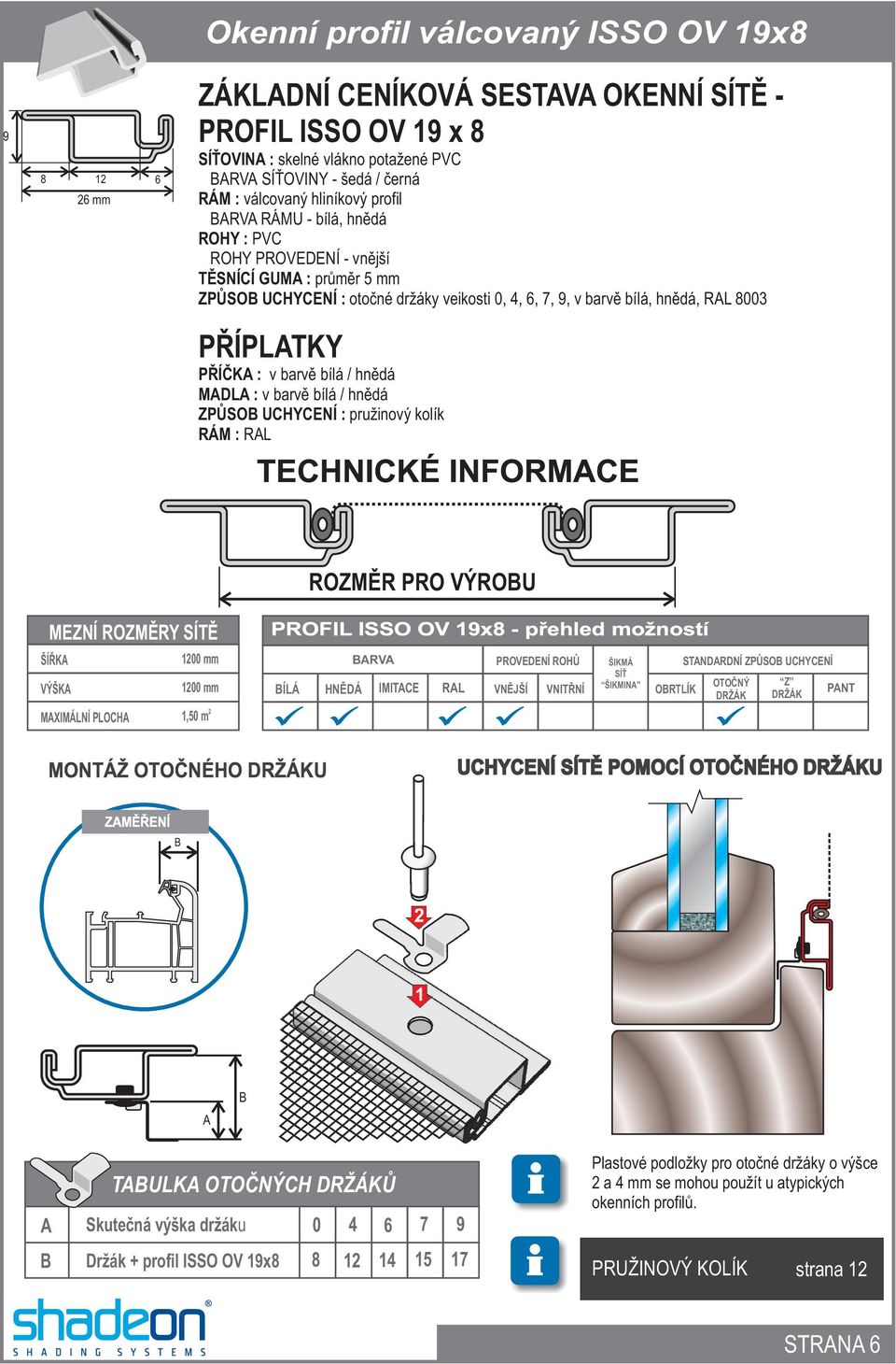 UCHYCENÍ : pružinový kolík RÁM : ROZMĚR PRO VÝROU 1200 mm 1200 mm MAXIMÁLNÍ PLOCHA 1,50 m 2 PROFIL ISSO OV 19x8 - přehled možností ÍLÁ ARVA ORTLÍK STANDARDNÍ ZPŮSO UCHYCENÍ MONTÁŽ OTOČNÉHO U UCHYCENÍ