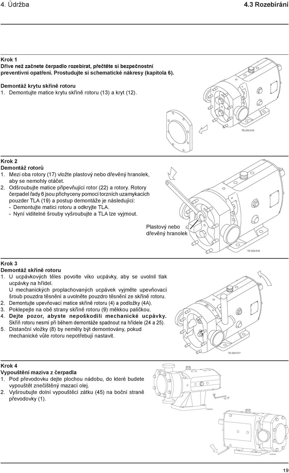 Rotory čerpadel řady 6 jsou přichyceny pomocí torzních uzamykacích pouzder TLA (19) a postup demontáže je následující: - Demontujte matici rotoru a odkryjte TLA.