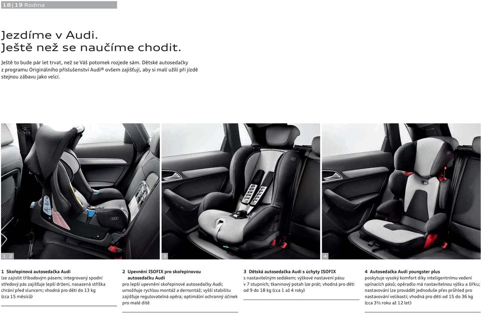 1 2 3 4 1 Skořepinová autosedačka Audi lze zajistit tříbodovým pásem; integrovaný spodní středový pás zajišťuje lepší držení, nasazená stříška chrání před sluncem; vhodná pro děti do 13 kg (cca 15