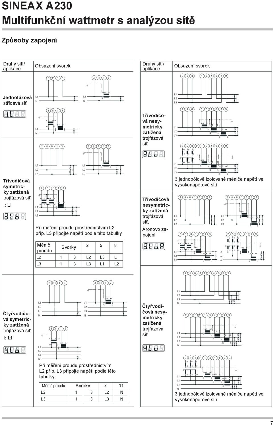 L3 připojte napětí podle této tabulky Třívodičová nesymetricky trojfázová síť, Aronovo zapojení 3 jednopólově izolované měniče napětí ve vysokonapěťové síti Měnič