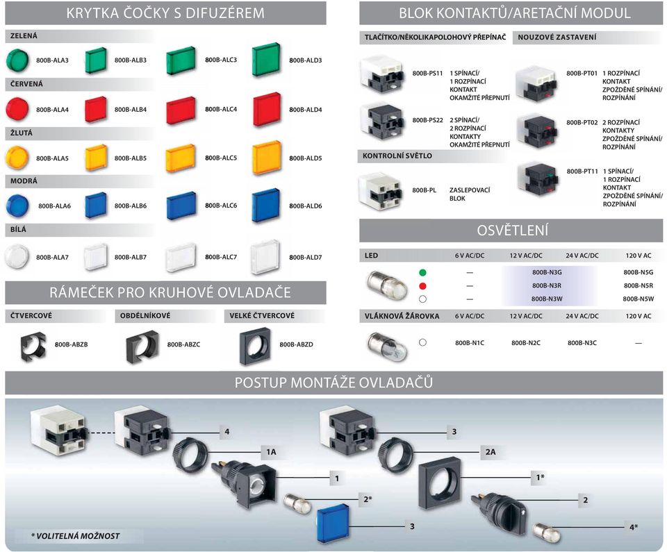 ROZPÍNACÍ KONTAKTY OKAMŽITÉ PŘEPNUTÍ 800B-PT02 2 ROZPÍNACÍ KONTAKTY ZPOŽDĚNÉ SPÍNÁNÍ/ ROZPÍNÁNÍ MODRÁ 800B-ALA6 800B-ALB6 800B-ALC6 800B-ALD6 800B-PL ZASLEPOVACÍ BLOK 800B-PT11 1 SPÍNACÍ/ 1 ROZPÍNACÍ