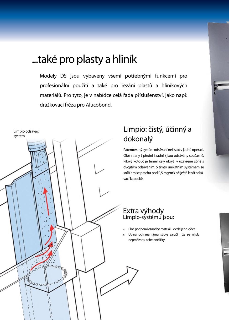 Limpio odsávací systém Limpio: čistý, účinný a dokonalý Patentovaný systém odsávání nečistot v jedné operaci. Obě strany ( přední i zadní ) jsou odsávány současně.
