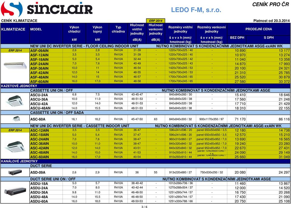 R410A 46-54 - 1420x700x245 / 53-20 100 24 321 ASF-42AIN 12,0 14 R410A 48-55 - 1420x700x245 / 53-21 310 25 785 ASF-48AIN 14,0 15 R410A 46-57 - 1700x700x245 / 65-25 520 30 879 ASF-60AIN 16,0 17,0 R410A