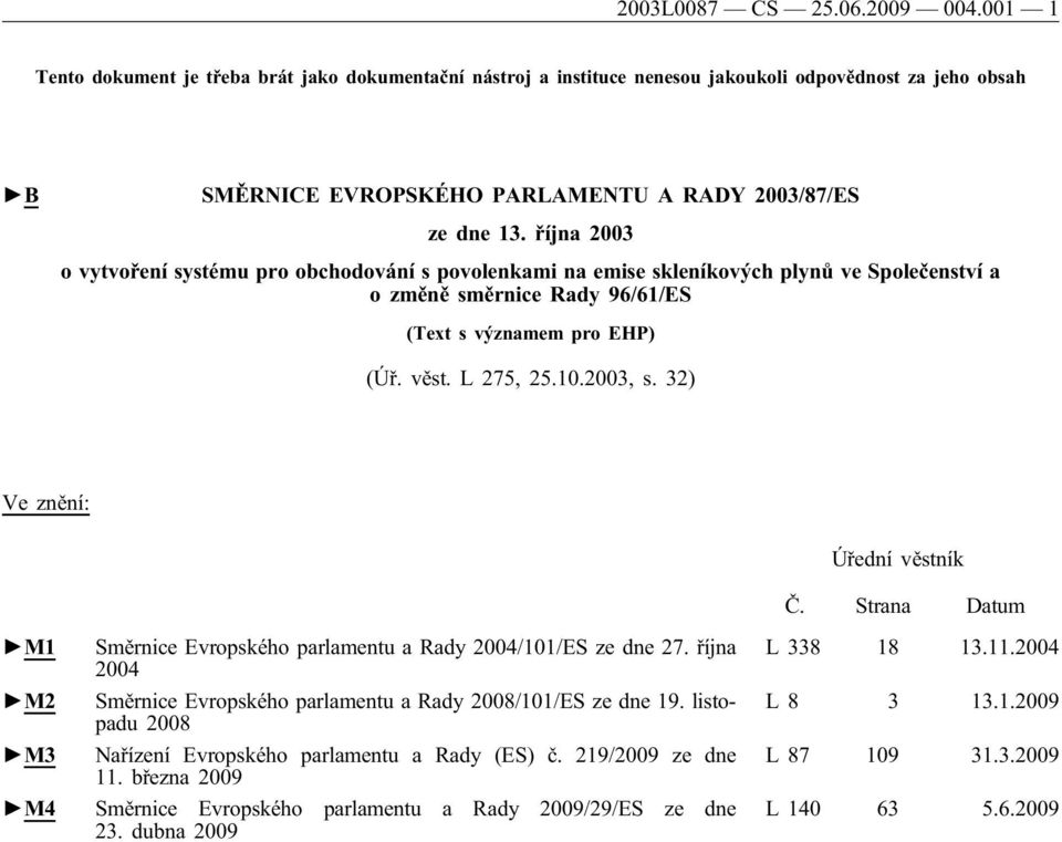 října 2003 o vytvoření systému pro obchodování s povolenkami na emise skleníkových plynů ve Společenství a ozměně směrnice Rady 96/61/ES (Text s významem pro EHP) (Úř. věst. L 275, 25.10.2003, s.